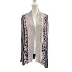 LOGO by Lori Goldstein Women's Lavender Open Front Lace Panel Cardigan Size L